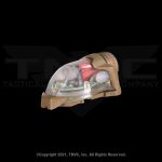 Tan helmet strobe, red battery, clear cover.