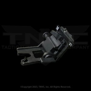 Black metal helmet mount, LOCK toggle shown.