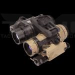 Tan and black dual-lens night vision goggles.