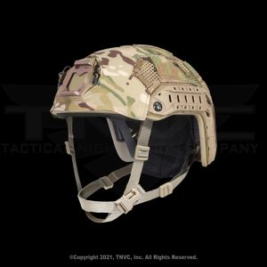 Tan and green helmet cover with vents.