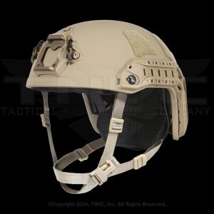 Tan ballistic helmet with rails and front mount.