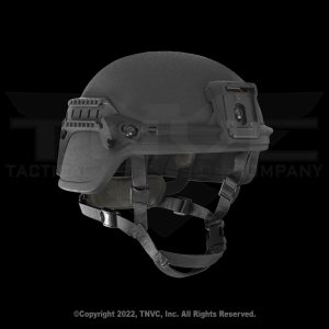 Black helmet with rails, front mount, chin strap.