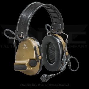 Two olive green ComTac VI headsets, black background.