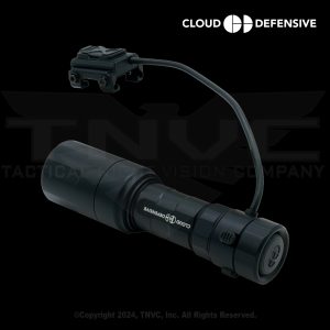 Black tactical flashlight with wired remote switch.