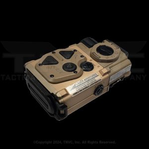 Tan MARS-Mc LRF with buttons, dials, warning label.