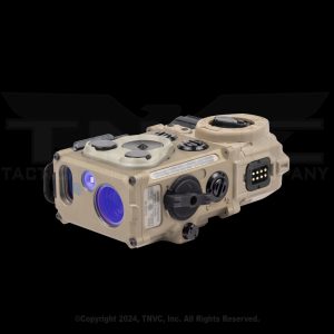 Tan rail laser with dials, buttons, and lenses.