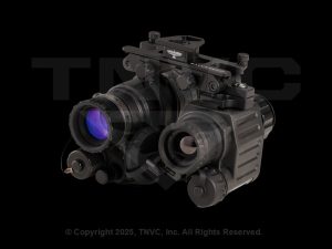 Tough night vision goggles with blue lenses.