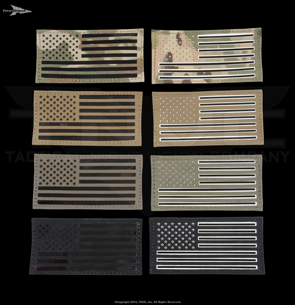 Eight camo flag patches in different colors.