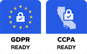 GDPR Ready: EU Stars with Lock CCPA Ready: California Map with Lock.